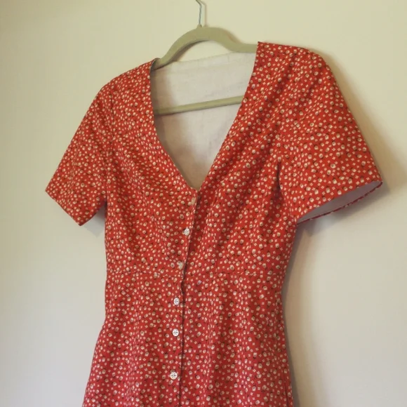 Cotton Orange Floral Short Sleeved Button Up French Style Dress - Picture 2 of 8